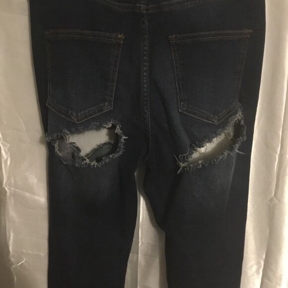 Machine Front Back Destroyed  Dark Wash High Waist Skinny Jeans 5 - Picture 3 of 4